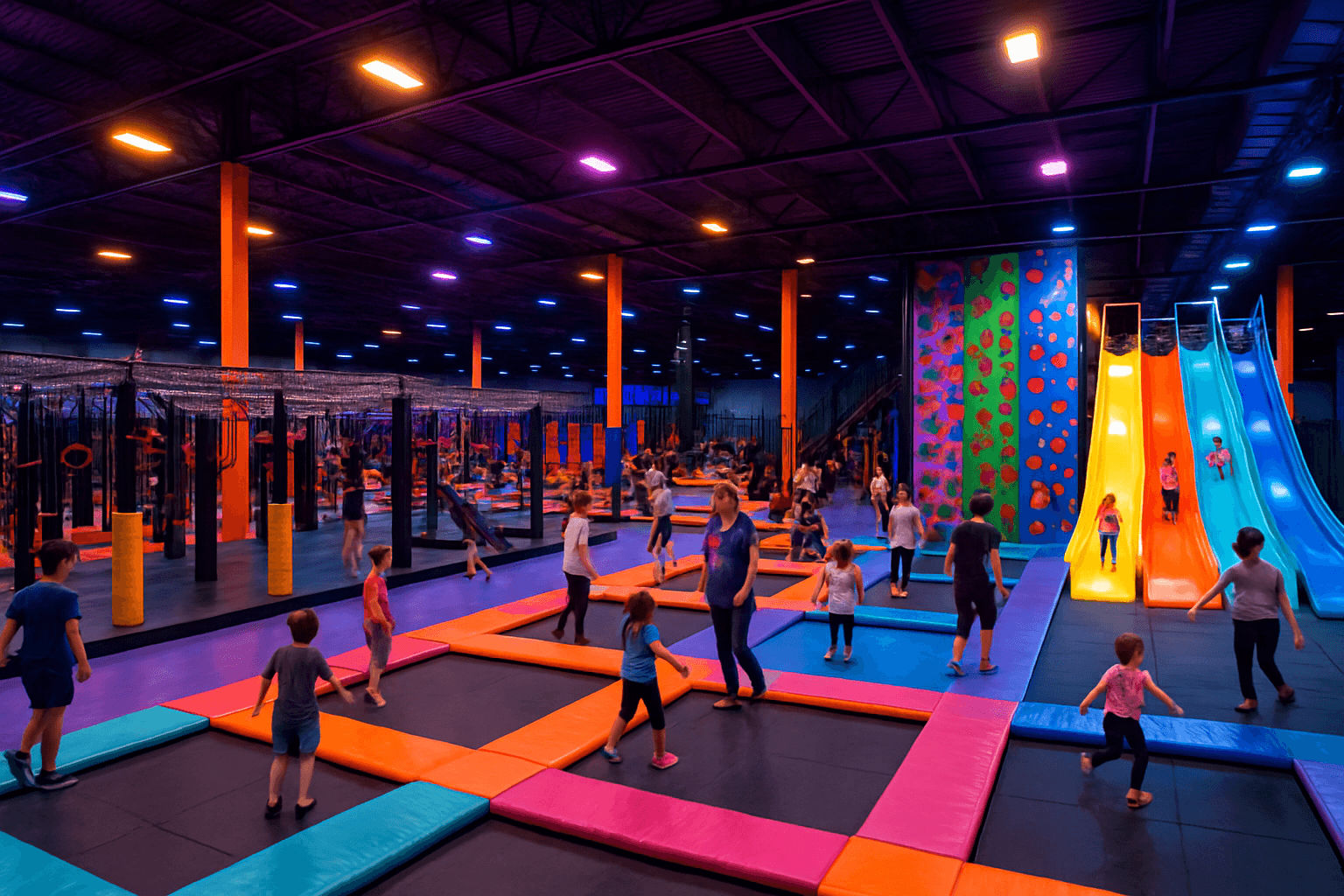 Indoor adventure park interior — trampolines, climbing wall, slides